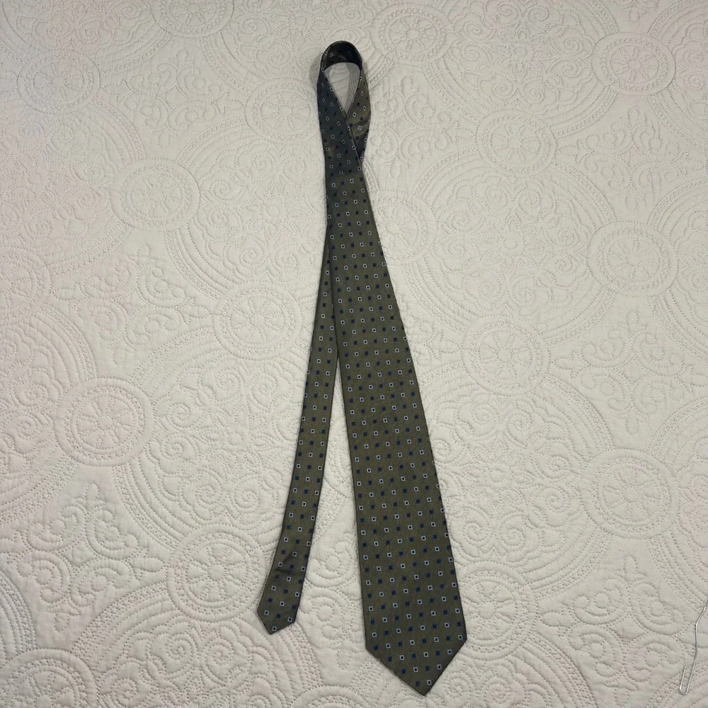 Nautica Mens Silk Tie Olive Green Blue Geometric‎ Square Pattern Classic Necktie